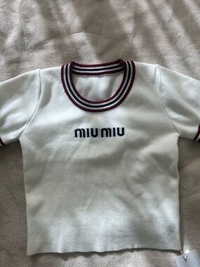 Miu Miu White Short-Sleeve Knit Tee with Burgundy & Navy Trim